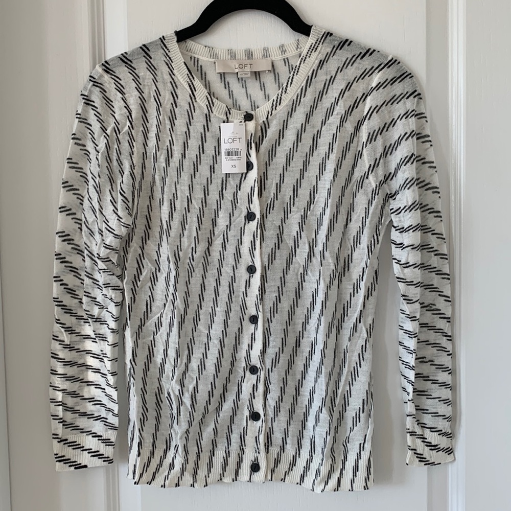 NWT LOFT Black And White Print Crewneck Sheer Knit Cardigan Sweater Size XS